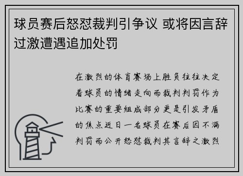 球员赛后怒怼裁判引争议 或将因言辞过激遭遇追加处罚